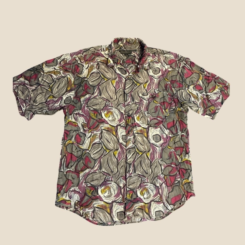 Reunion Menswear‎ Abstract Floral Print Rayon Short Sleeve Button Down Shirt L